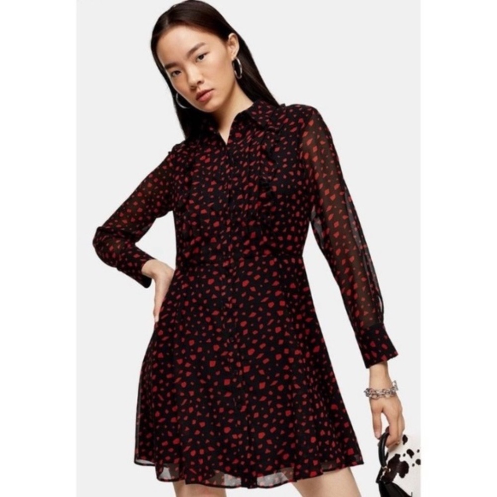 TOPSHOP Shirt Dress Abstract Dot Mini Black Red Sheer Long Sleeve Ruffle Trim